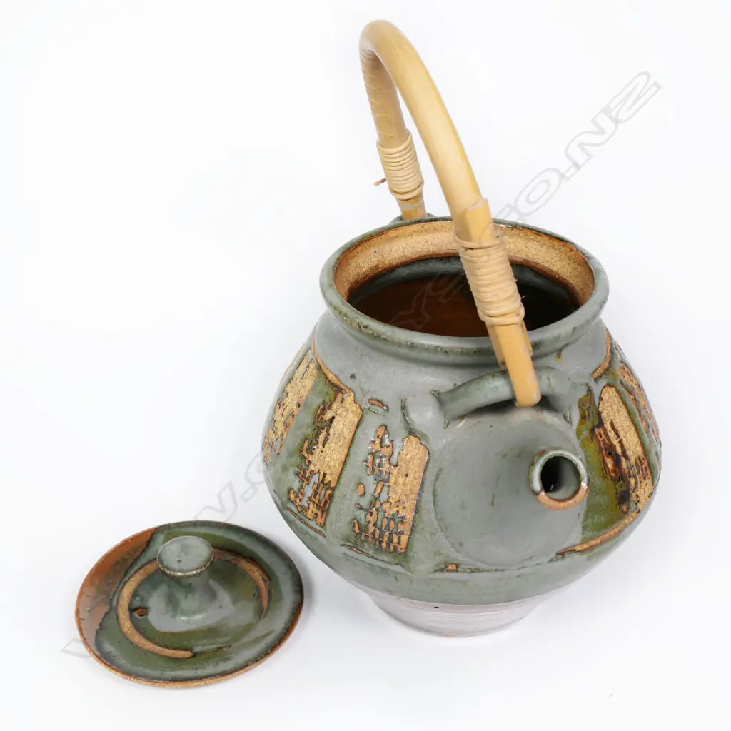 *RTV* Peter Stichbury Early Teapot w Cane Handle. Potter's mark lower side. H.180mm Image 1++