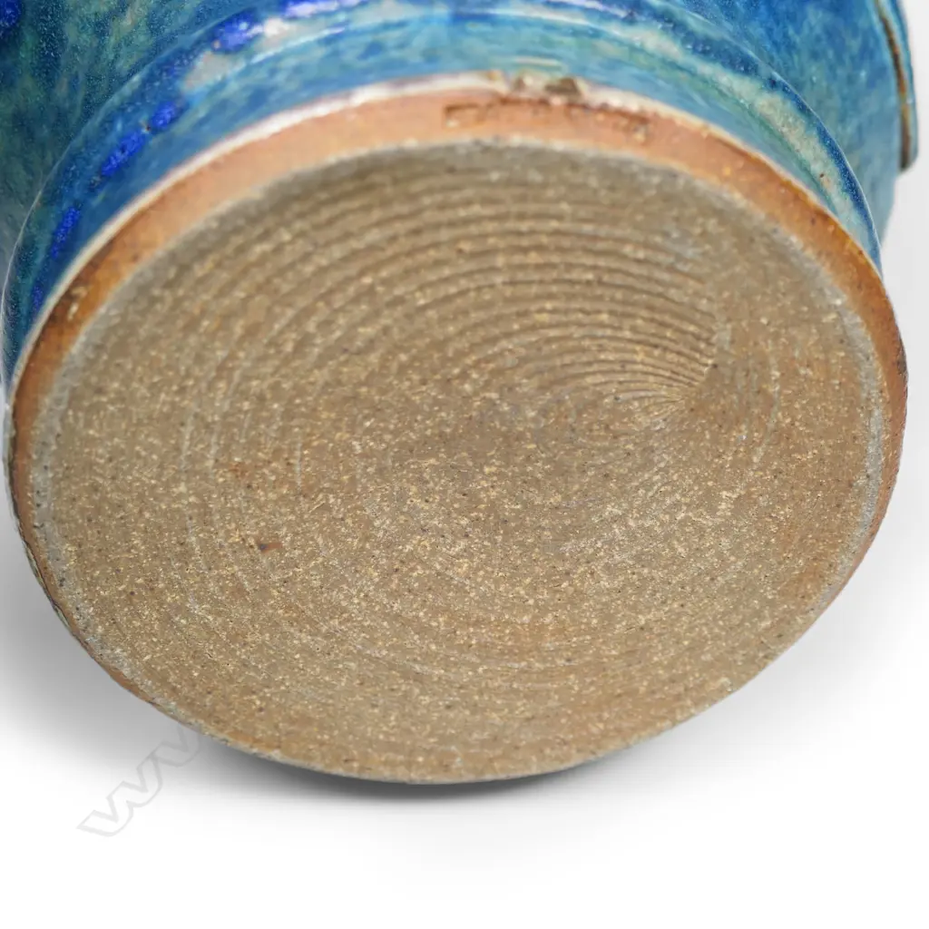 Graeme Storm urn vase with a barium blue glazed body and applied ribbed straps. Potter's mark to foot, H.165mm Image 1++
