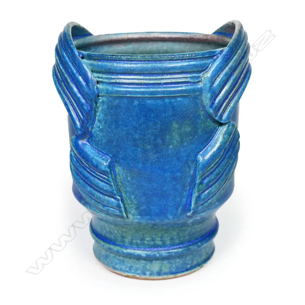 Graeme Storm urn vase with a barium blue glazed body and applied ribbed straps. Potter's mark to foot, H.165mm Image 1++