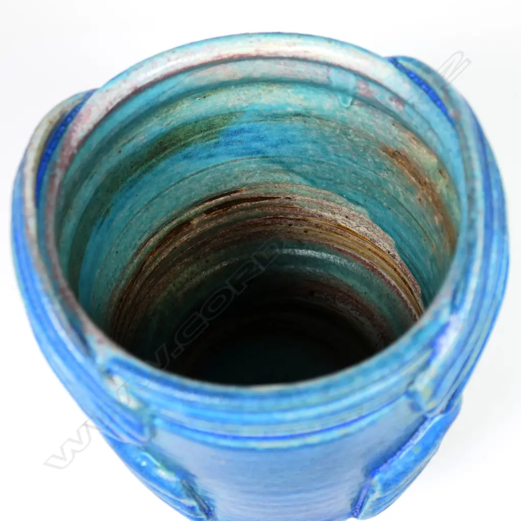 Graeme Storm urn vase with a barium blue glazed body and applied ribbed straps. Potter's mark to foot, H.165mm Image 1++