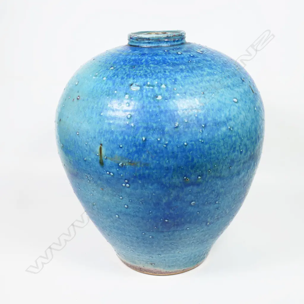 Graeme Storm large urn vase; variable blue green glazes with textured surface. H.260mm Image 1++