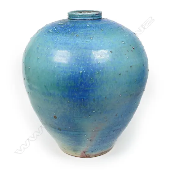 Graeme Storm large urn vase; variable blue green glazes with textured surface. H.260mm