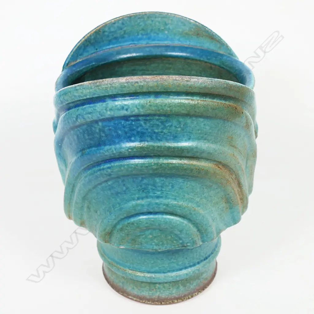 Graeme Storm blue urn vase; variable blue glazed body with applied ribbed straps. Potter's mark to foot. H.160mm Image 1++