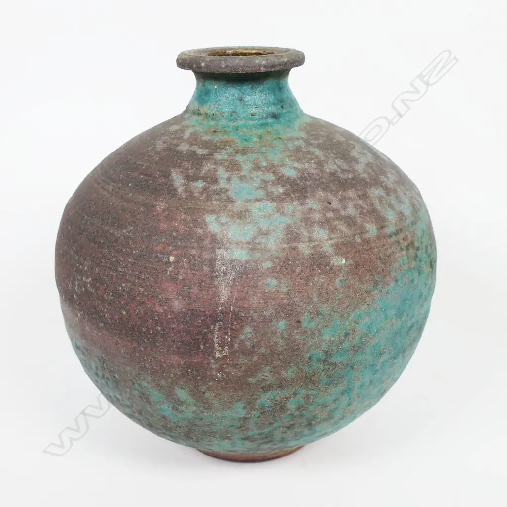 Graeme Storm squat spherical vase with mottled turquoise and brown matte glaze. Impressed potter's mark. H.135mm Image 1++