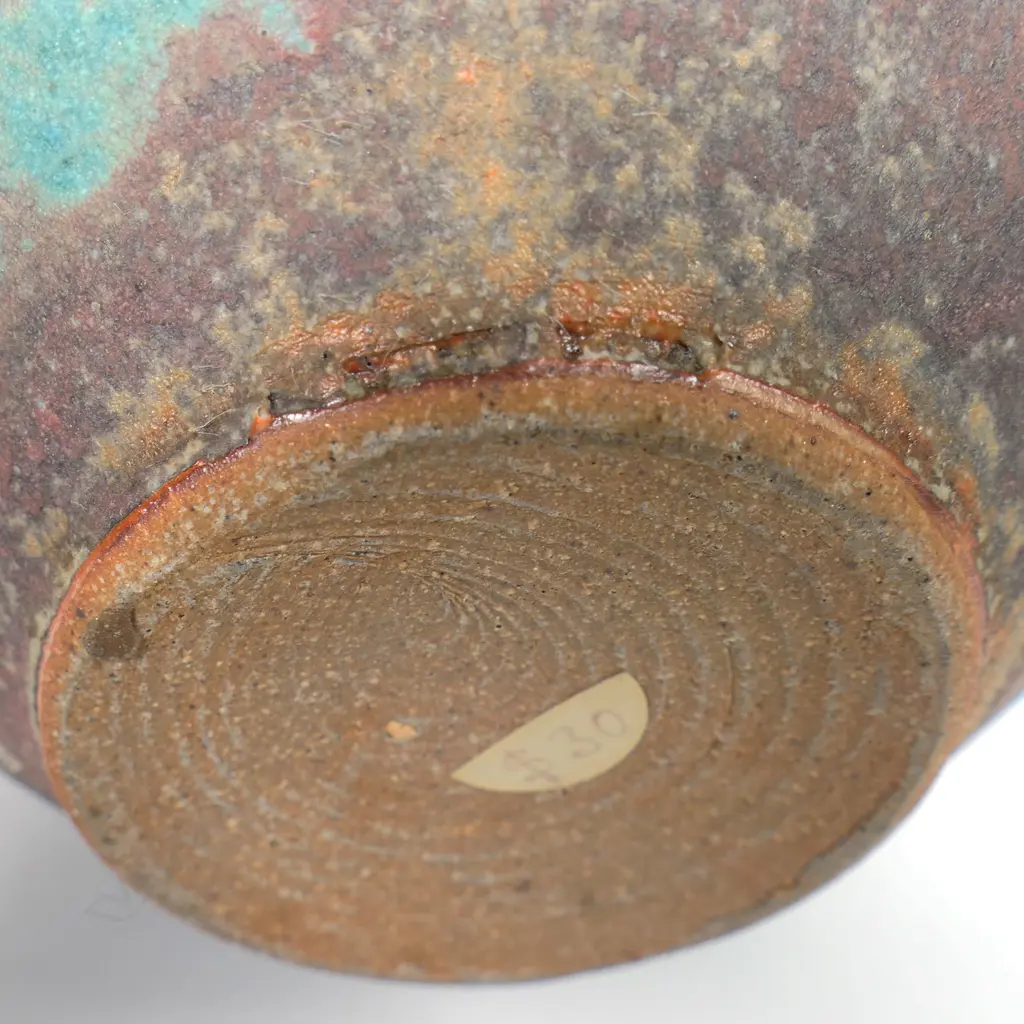 Graeme Storm squat spherical vase with mottled turquoise and brown matte glaze. Impressed potter's mark. H.135mm Image 1++