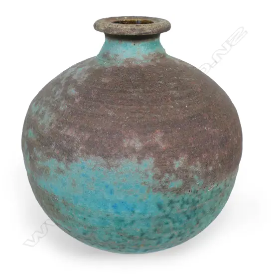 Graeme Storm squat spherical vase with mottled turquoise and brown matte glaze. Impressed potter's mark. H.135mm