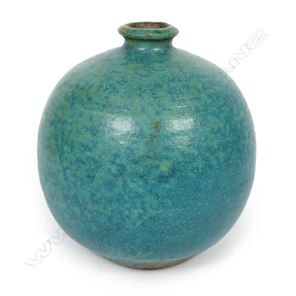 Graeme Storm small ovoid vase with a semi-gloss turquoise glaze. Impressed potter's mark. H.120mm Image 1++