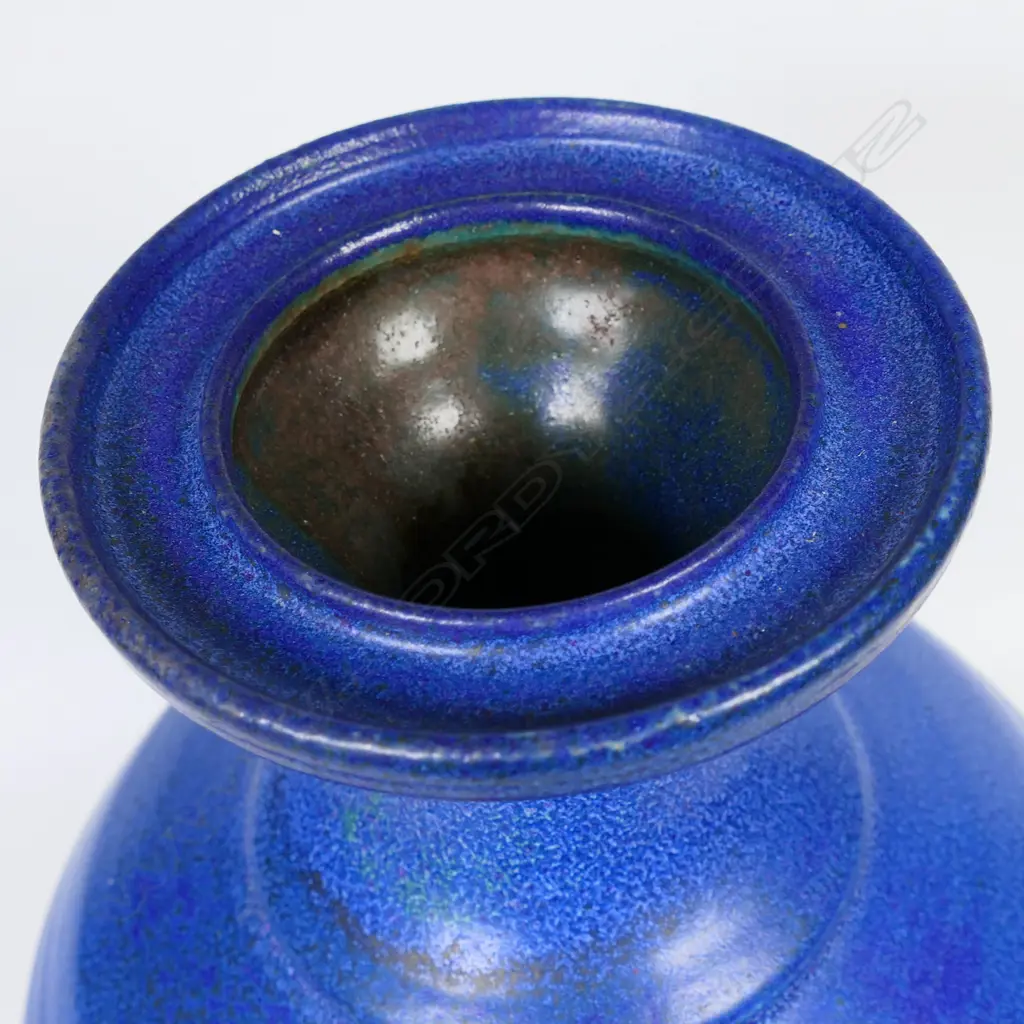 Graeme Storm ovoid stoneware vase - barium blue glazed with flared neck and flattened rim. Potter's stamp at base. H.230mm Image 1++