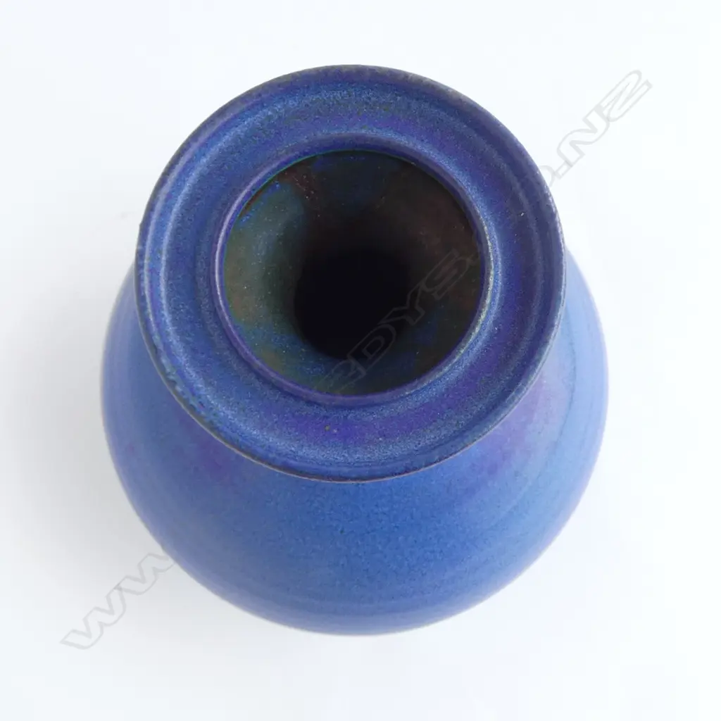 Graeme Storm ovoid stoneware vase - barium blue glazed with flared neck and flattened rim. Potter's stamp at base. H.230mm Image 1++