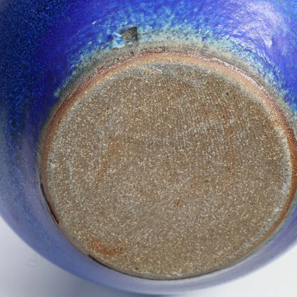 Graeme Storm ovoid stoneware vase - barium blue glazed with flared neck and flattened rim. Potter's stamp at base. H.230mm Image 1++