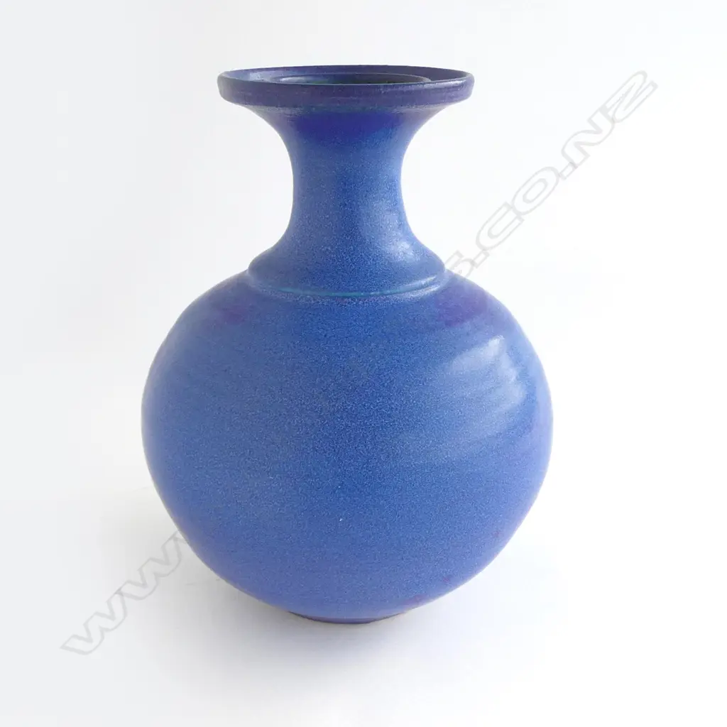 Graeme Storm ovoid stoneware vase - barium blue glazed with flared neck and flattened rim. Potter's stamp at base. H.230mm Image 1++