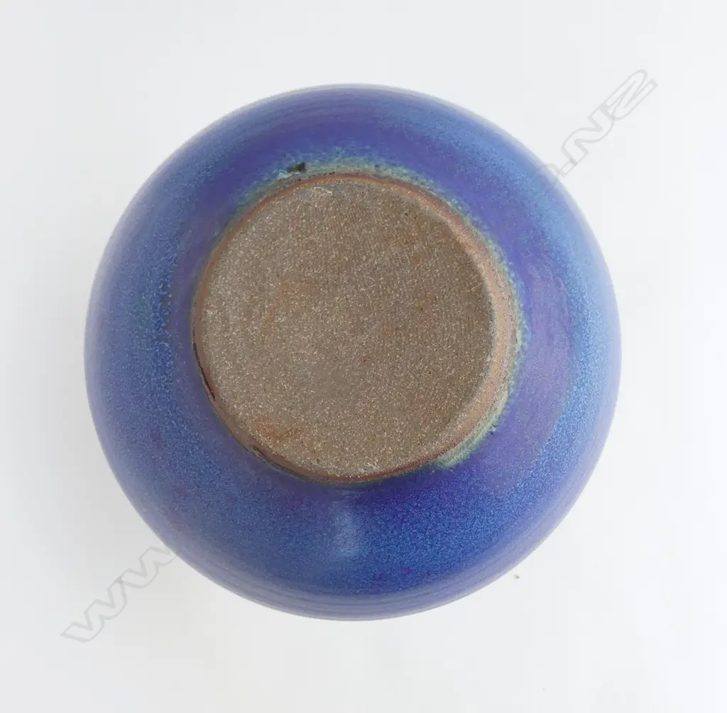 Graeme Storm ovoid stoneware vase - barium blue glazed with flared neck and flattened rim. Potter's stamp at base. H.230mm Image 1++