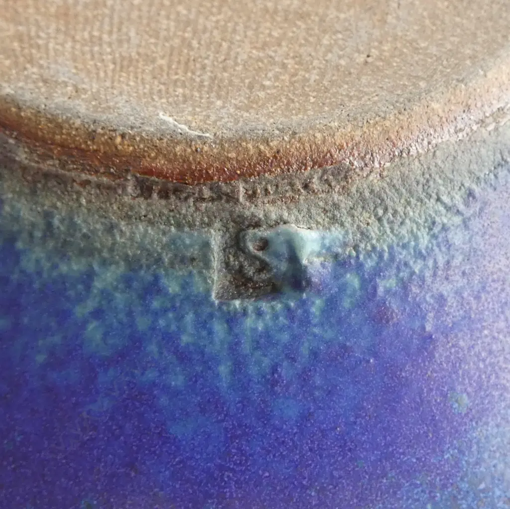 Graeme Storm ovoid stoneware vase - barium blue glazed with flared neck and flattened rim. Potter's stamp at base. H.230mm Image 1++