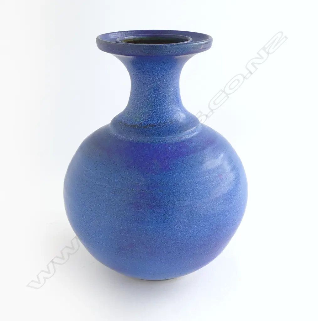 Graeme Storm ovoid stoneware vase - barium blue glazed with flared neck and flattened rim. Potter's stamp at base. H.230mm Image 1++