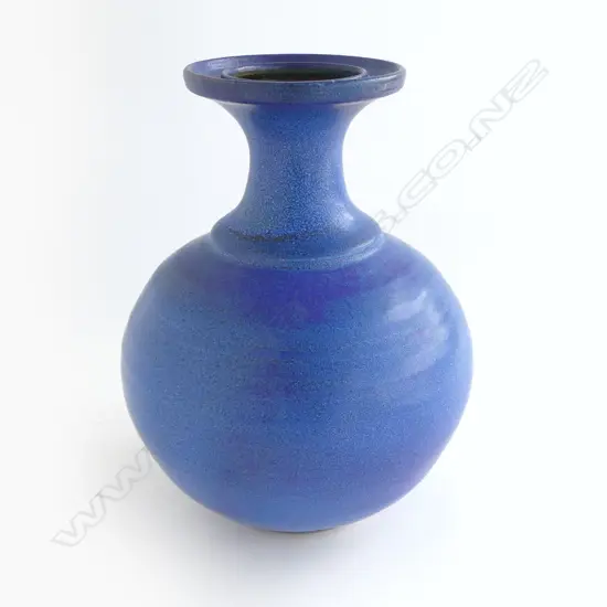 Graeme Storm ovoid stoneware vase - barium blue glazed with flared neck and flattened rim. Potter's stamp at base. H.230mm