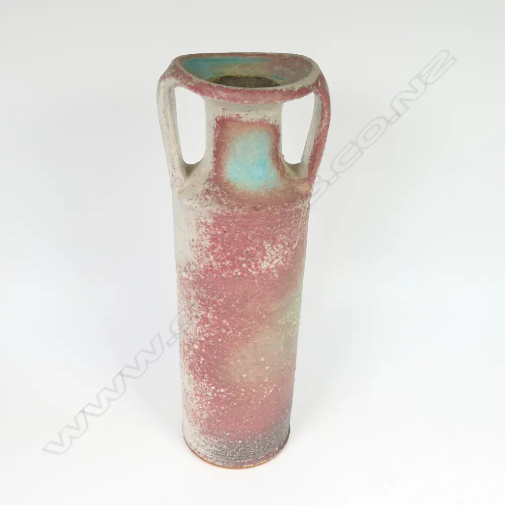 Graeme Storm cylinder vase; matte blue and red body with raised dot detail and strap handles. H.240mm Image 1++