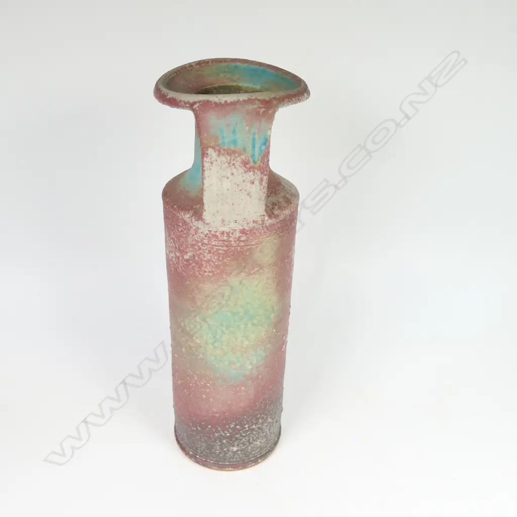 Graeme Storm cylinder vase; matte blue and red body with raised dot detail and strap handles. H.240mm Image 1++