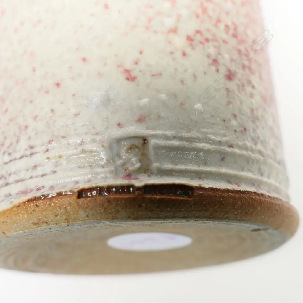 Graeme Storm cylinder vase; matte blue and red body with raised dot detail and strap handles. H.240mm Image 1++