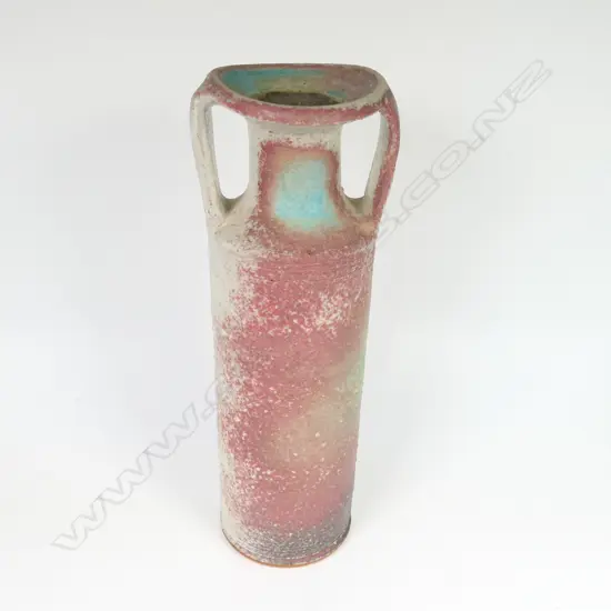 Graeme Storm cylinder vase; matte blue and red body with raised dot detail and strap handles. H.240mm