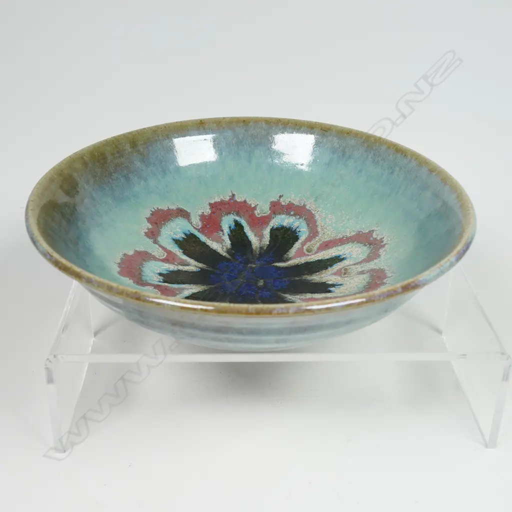 Graeme Storm footed bowl - pale turquoise glazed with internal pink and blue radiating floral motif. H.60 dia 200mm Image 1++