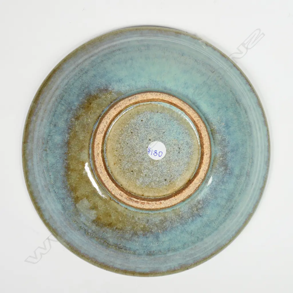 Graeme Storm footed bowl - pale turquoise glazed with internal pink and blue radiating floral motif. H.60 dia 200mm Image 1++