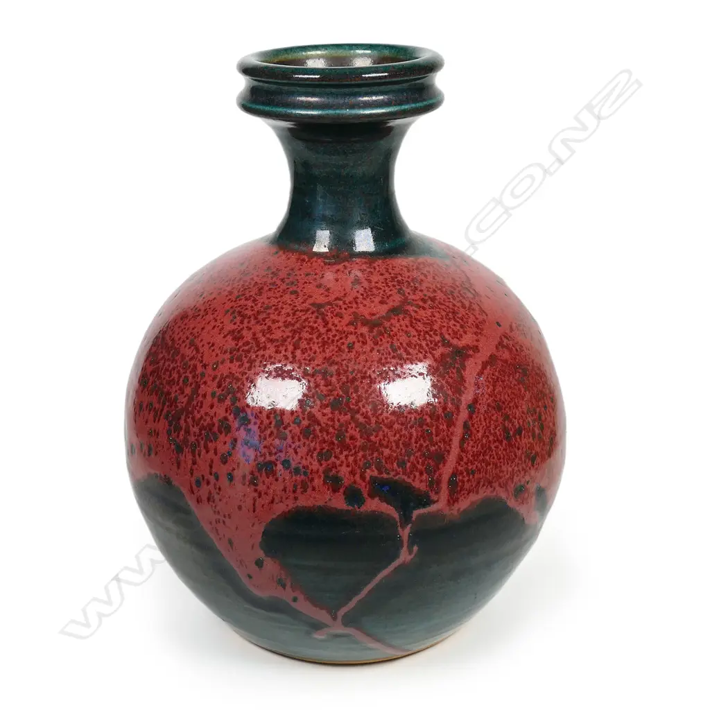 Graeme Storm green stoneware vase with bold red copper glaze highlights. Potter's mark lower side. H.260mm Image 1++