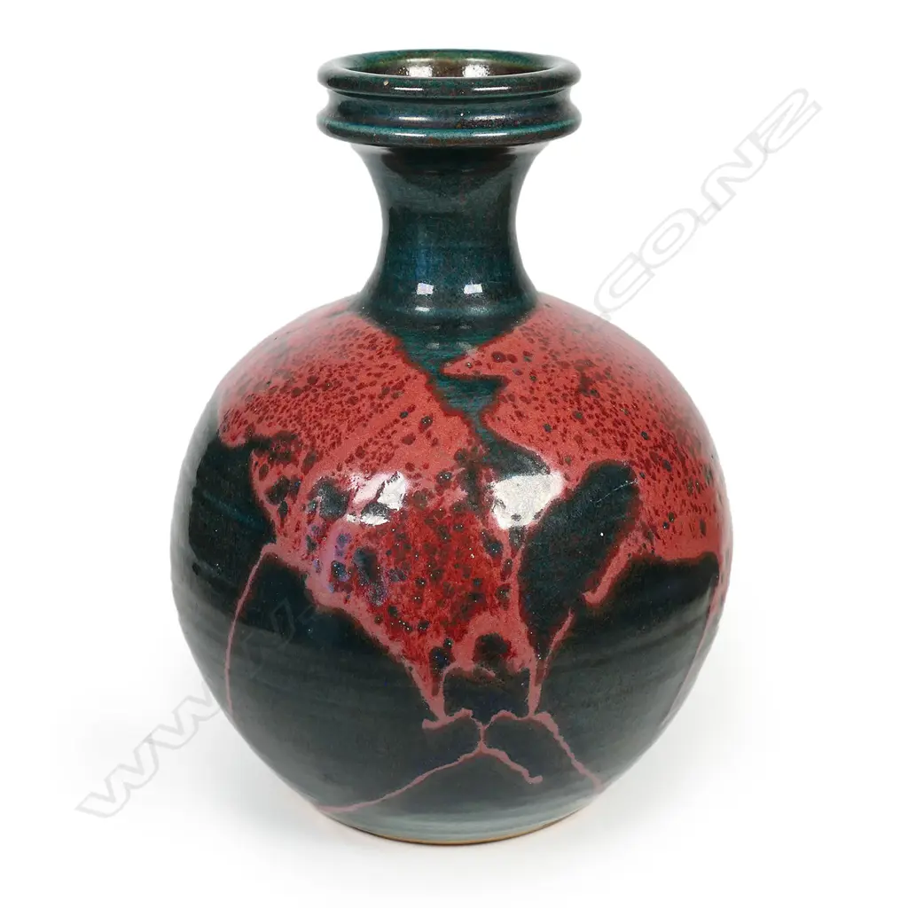 Graeme Storm green stoneware vase with bold red copper glaze highlights. Potter's mark lower side. H.260mm Image 1++