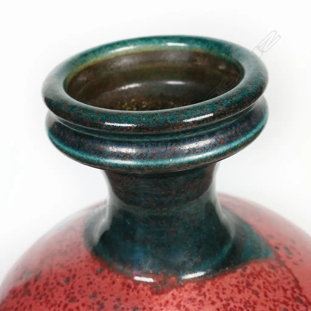 Graeme Storm green stoneware vase with bold red copper glaze highlights. Potter's mark lower side. H.260mm Image 1++