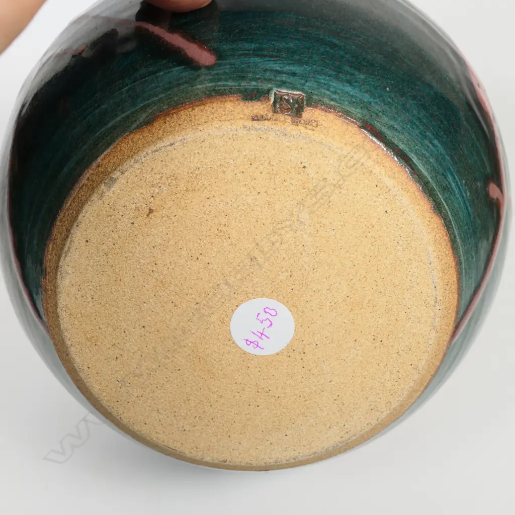 Graeme Storm green stoneware vase with bold red copper glaze highlights. Potter's mark lower side. H.260mm Image 1++