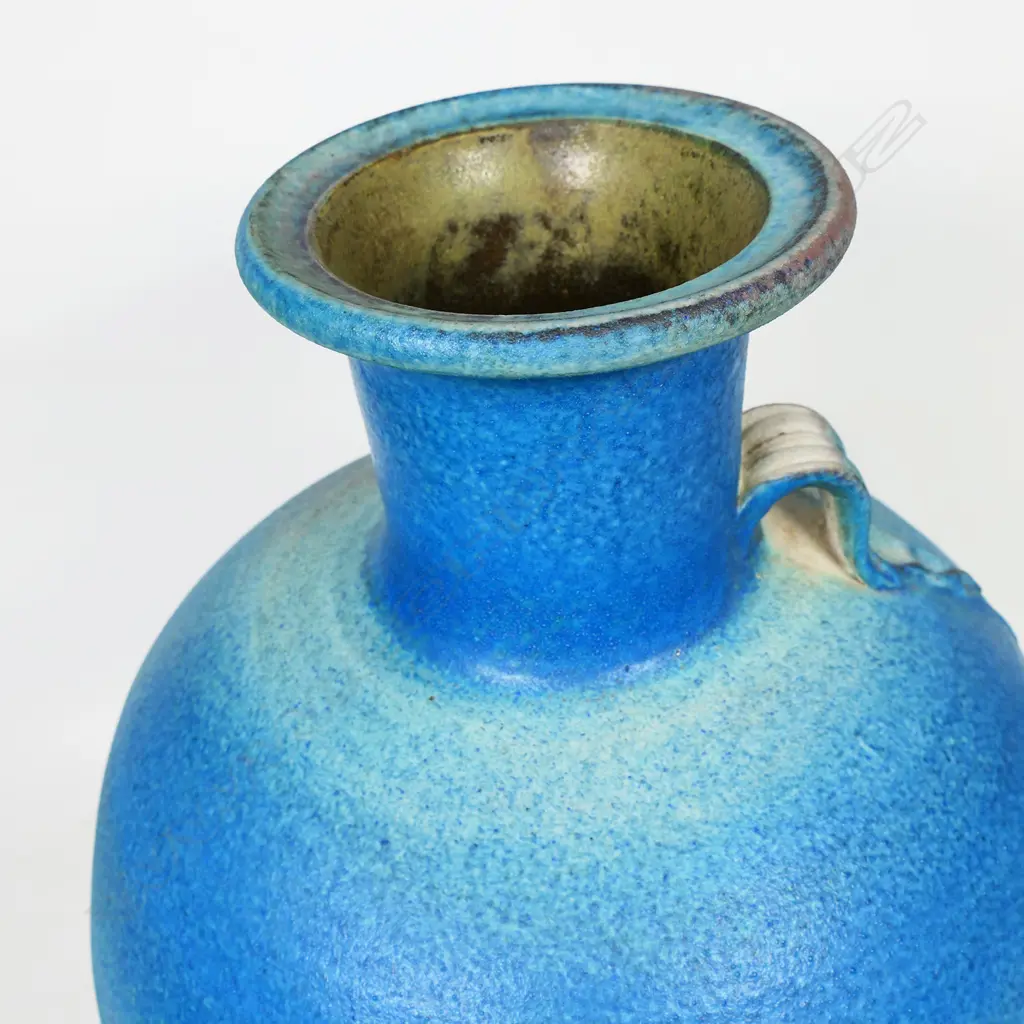 Graeme Storm large stoneware vase with lug handle barium blue glazed body in graduated blue tones and a flattened lip atop neck. Potter's mark to foot. H.320mm Image 1++