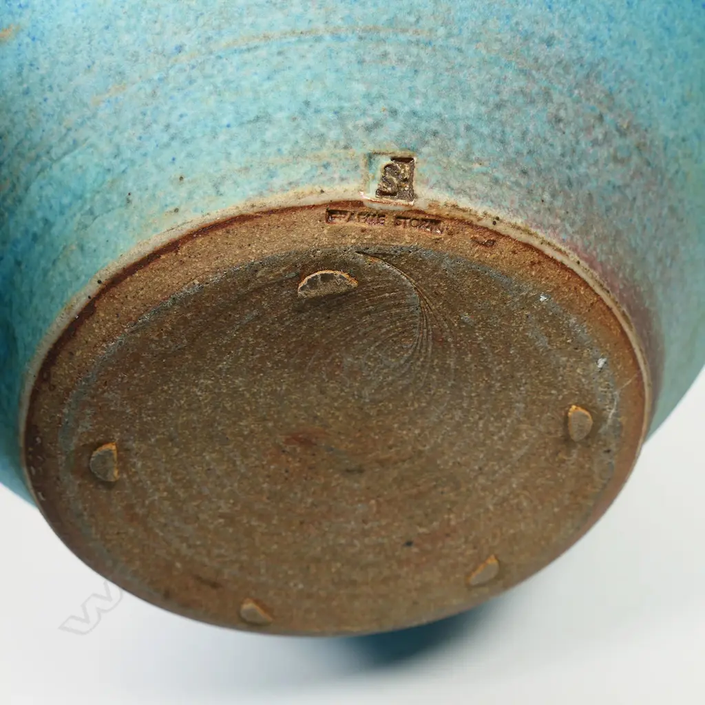 Graeme Storm large stoneware vase with lug handle barium blue glazed body in graduated blue tones and a flattened lip atop neck. Potter's mark to foot. H.320mm Image 1++