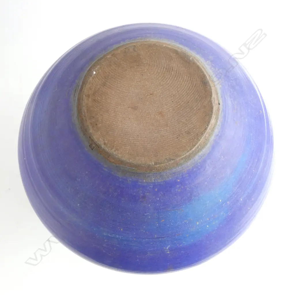 Graeme Storm large squat spherical stoneware vase - c.1970/80's, green over blue/mauve glaze with wavy glaze intersection. Impressed potters mark. H.330mm. Image 1++