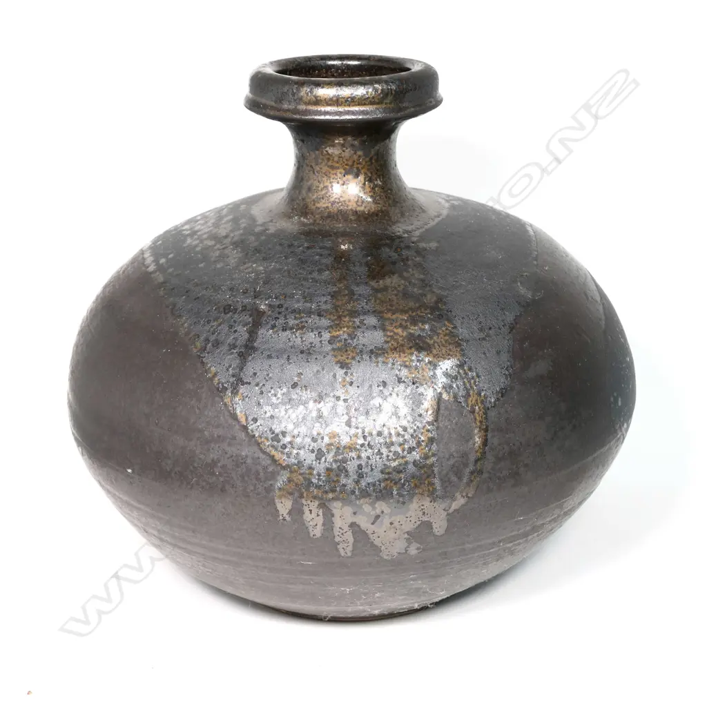 Graeme Storm large stoneware vase - compressed wide spherical form, manganese glaze with dark gloss gold highlights, impressed potters mark. H.360mm. Image 1++