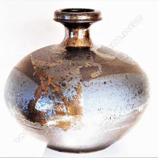 Graeme Storm large stoneware vase - compressed wide spherical form, manganese glaze with dark gloss gold highlights, impressed potters mark. H.360mm.