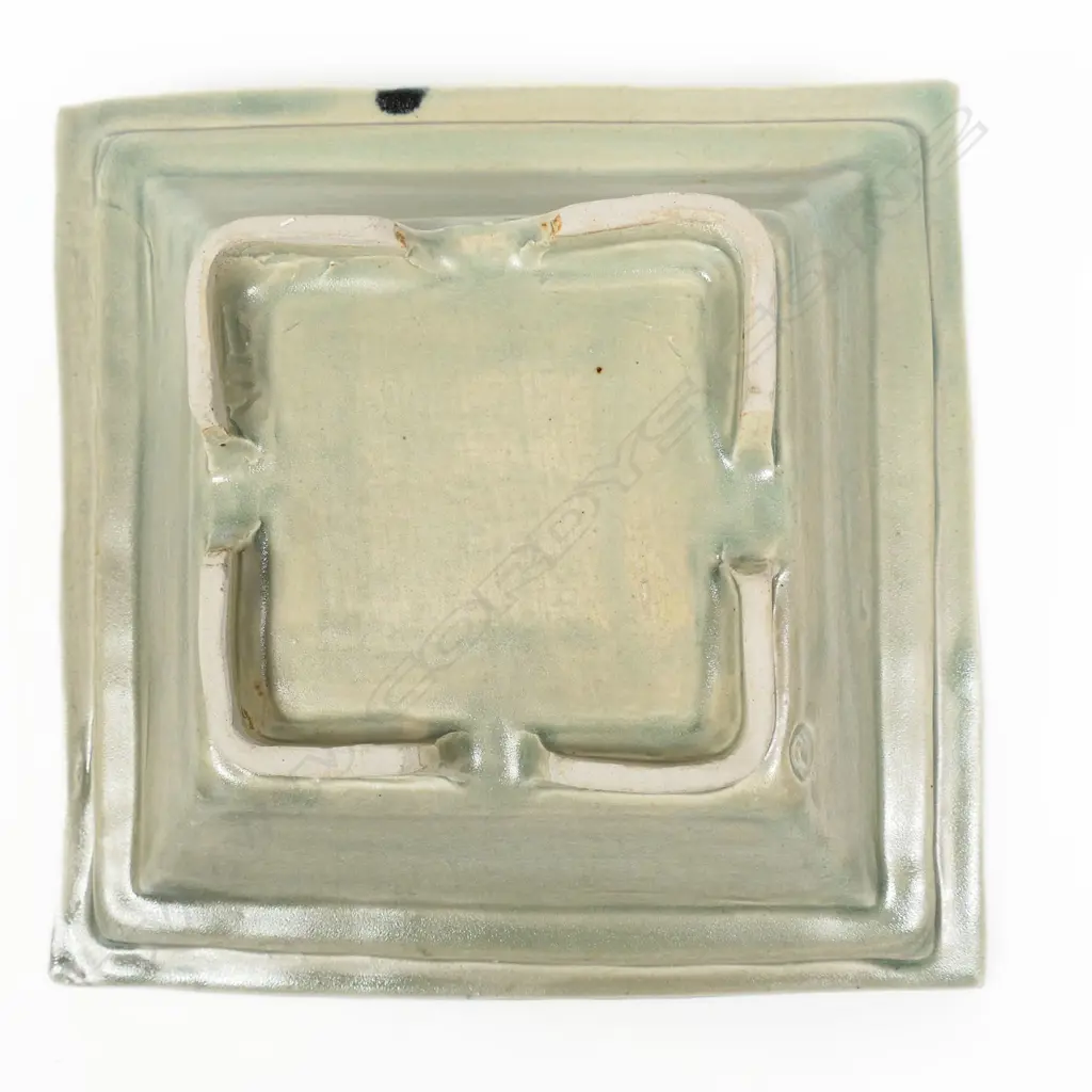 Doreen Blumhardt square platter with abstract poured coloured glaze. Flared rim. Raised on bracket feet Impressed potter's mark. 250 x 250mm. Image 1++