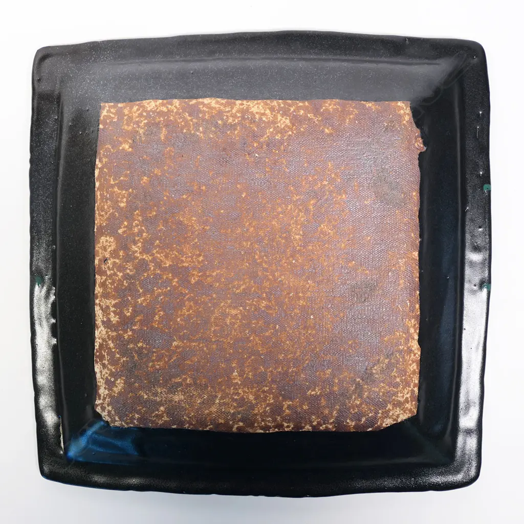 Doreen Blumhardt large square platter poured banded glaze orange/red and green on black. 365 x 365mm. Image 1++