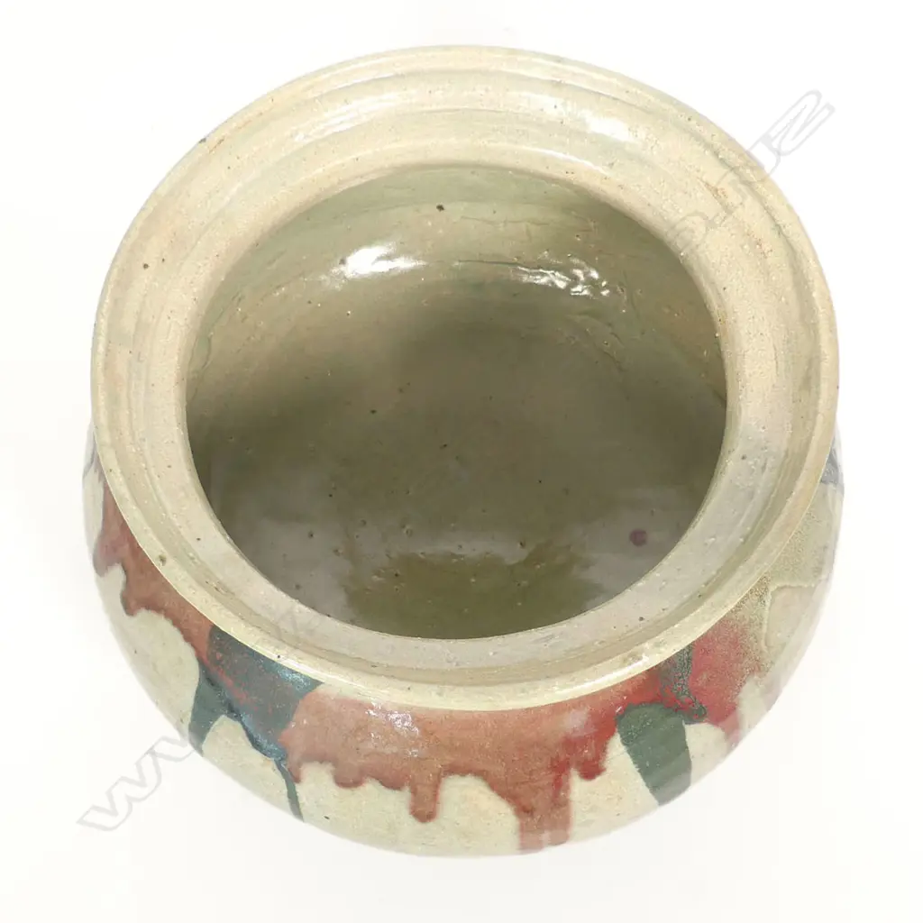 Doreen Blumhardt (1914-2009) large stoneware potato pot with turned wooden lid; wide squat baluster body with coloured dribbled glaze below the rim. 310 x 360mm. Provenance: Ex. The estate of Eleanor Blumhardt - the potter's sister. Image 1++