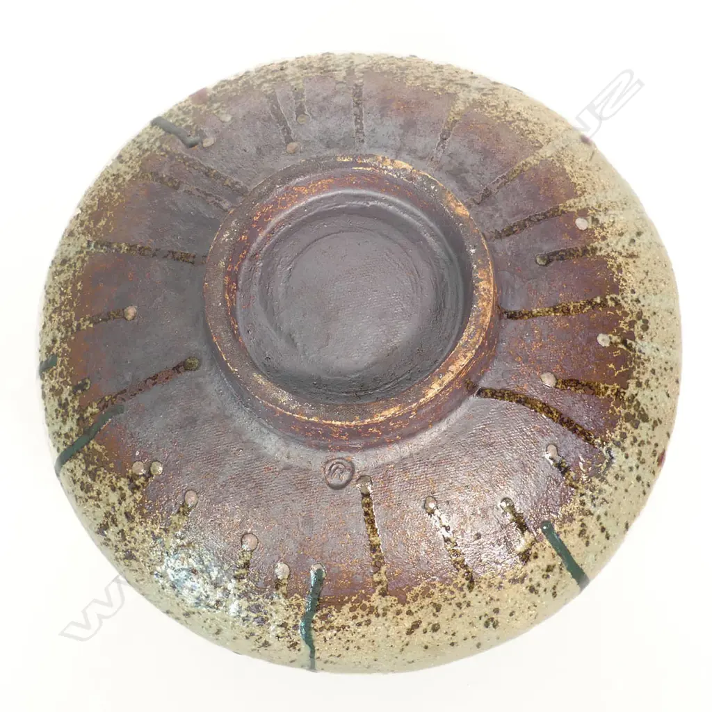 Doreen Blumhardt (1914-2009) large stoneware potato pot with turned wooden lid; wide squat baluster body with coloured dribbled glaze below the rim. 310 x 360mm. Provenance: Ex. The estate of Eleanor Blumhardt - the potter's sister. Image 1++