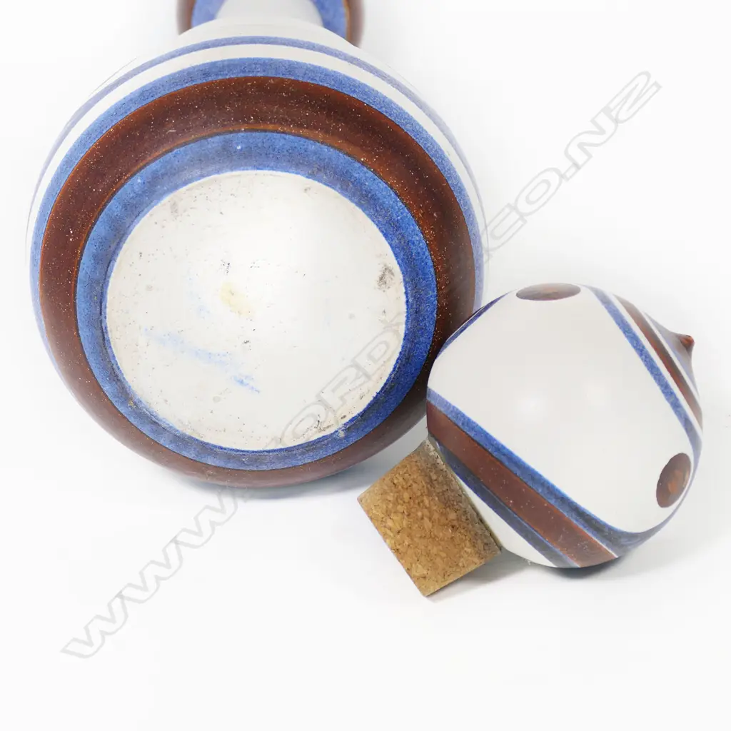 Anneke Borren impressive tall lidded totem form with white ground decorated in banded and dot blue and brown glaze. H.580mm Image 1++