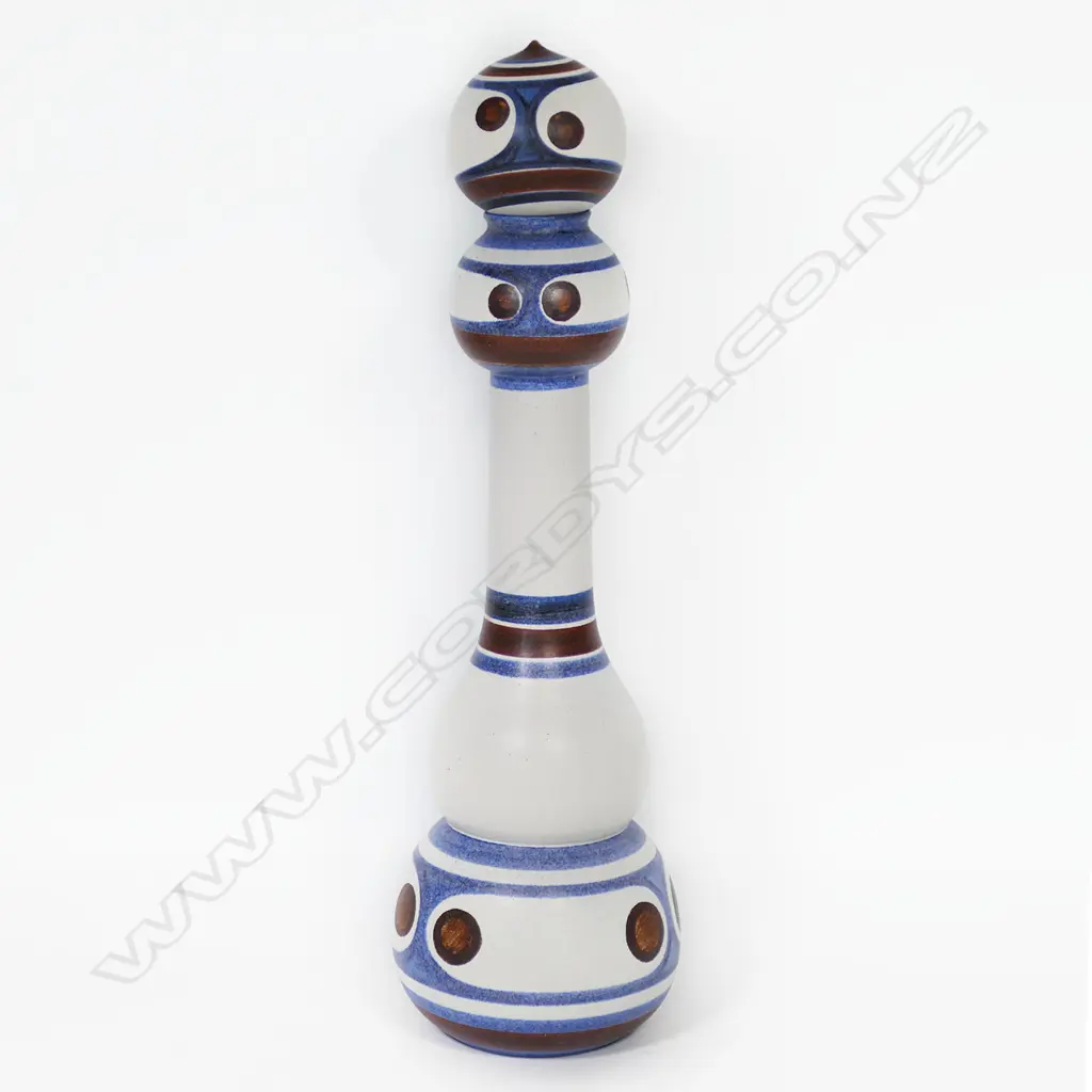 Anneke Borren impressive tall lidded totem form with white ground decorated in banded and dot blue and brown glaze. H.580mm Image 1++