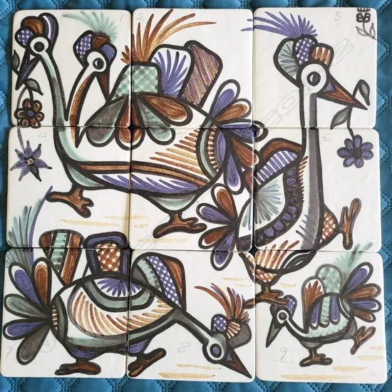 Anneke Borren nine tile artwork - comprising a group of five stylised chickens, brushed painted glaze.
