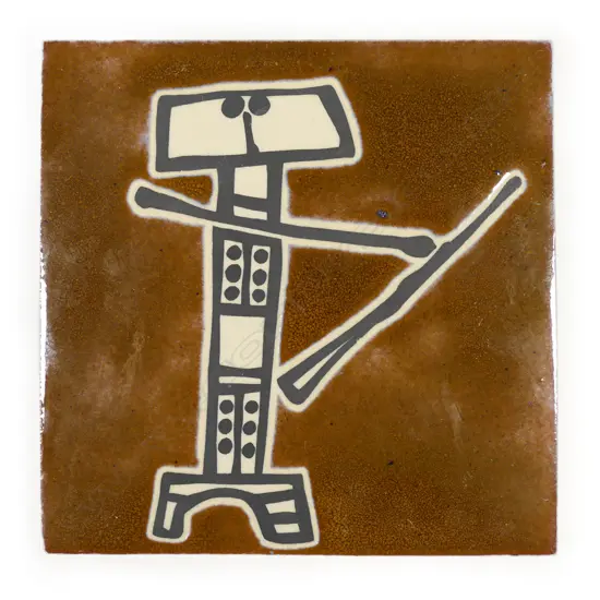 A Ted Dutch Temuka ‘Signalman’  tile - unglazed black outlined figure on a glazed brown ground, signed verso. 150 x 150mm