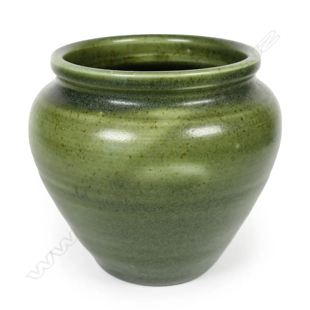 Olive Jones (1893-1982) squat vase; green glazed ovoid body. Signed and dated 1964 to base. H.120mm Image 1++