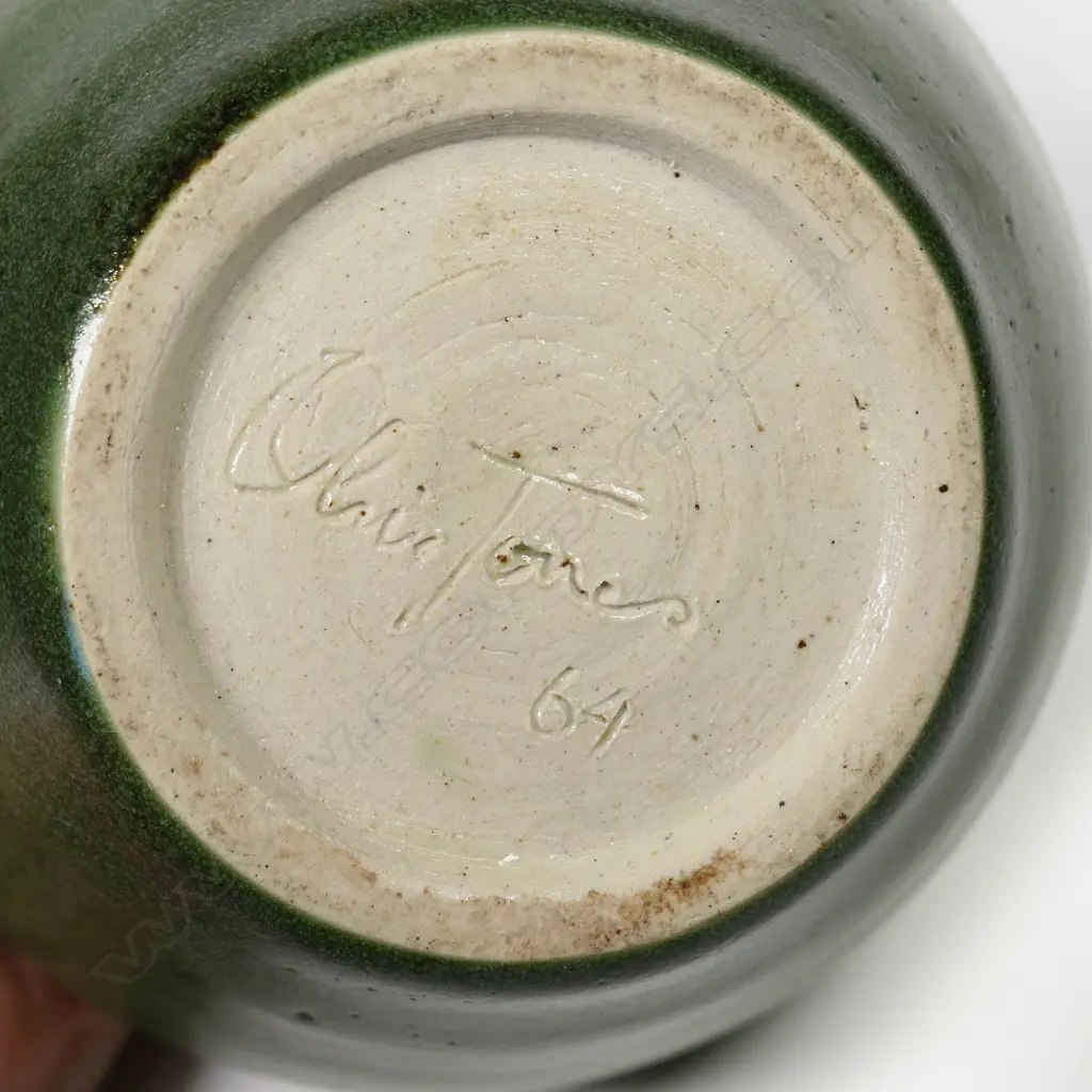 Olive Jones (1893-1982) squat vase; green glazed ovoid body. Signed and dated 1964 to base. H.120mm Image 1++