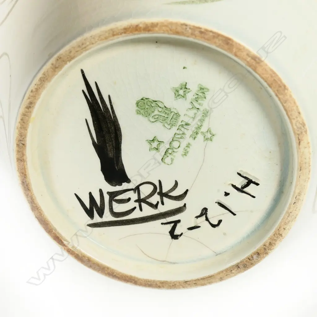 Frank Carpay for Crown Lynn HANDWERK vase - ovoid shape with gold swirls on a cream ground. Tiki mark and HANDWERK to base. Star crack to base. H.200 x 170mm. Image 1++