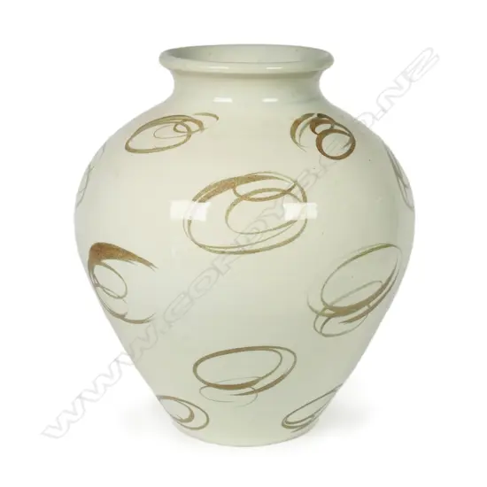 Frank Carpay for Crown Lynn HANDWERK vase - ovoid shape with gold swirls on a cream ground. Tiki mark and HANDWERK to base. Star crack to base. H.200 x 170mm.