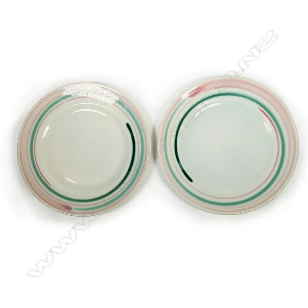 Pair Frank Carpay plates for Crown Lynn; green and pink swirl decoration to rim. Dia.230mm Image 1++