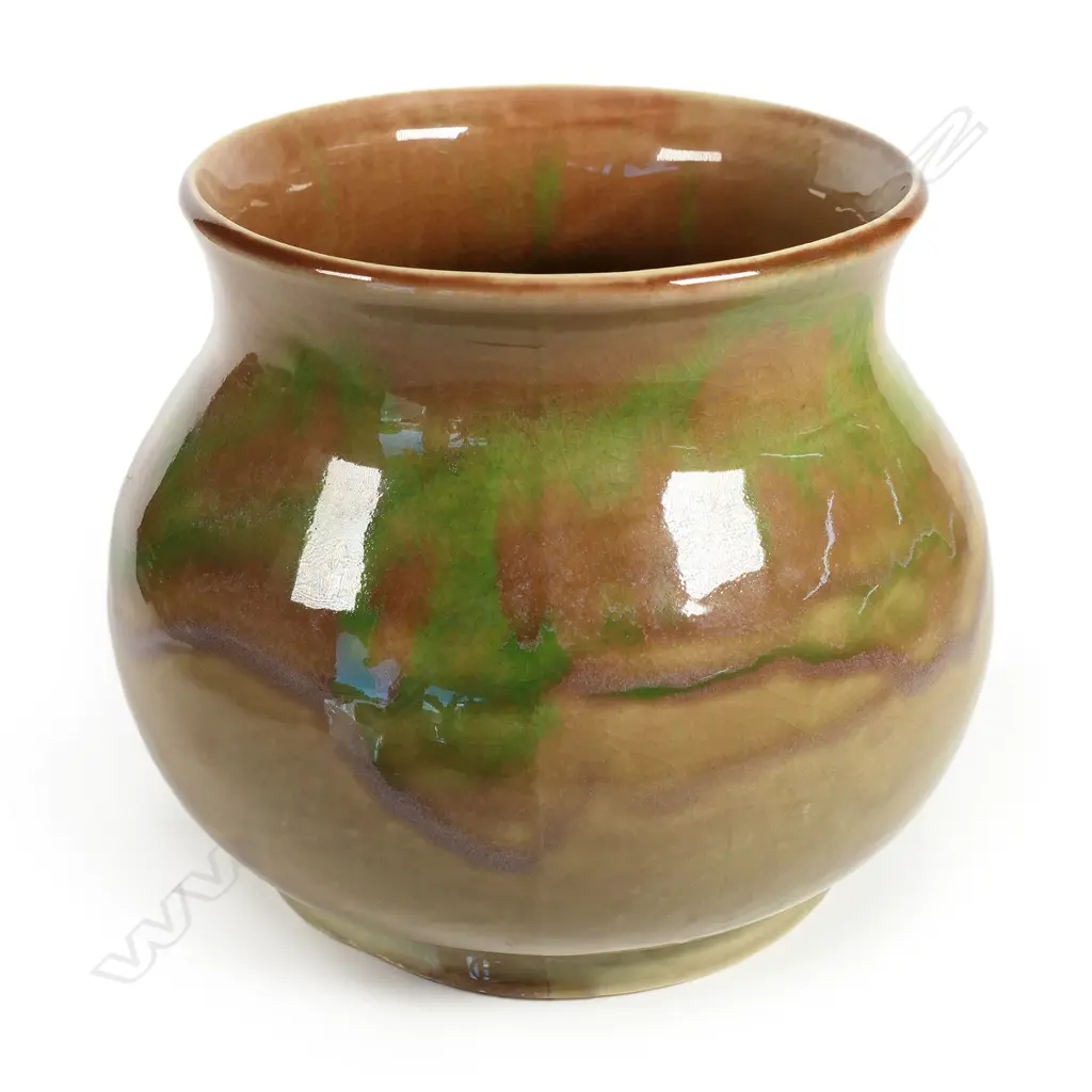 Crown Lynn Ambrico vase shape 29 - unusual green & brown glaze with early round backstamp pre-1948. H.160mm Image 1++