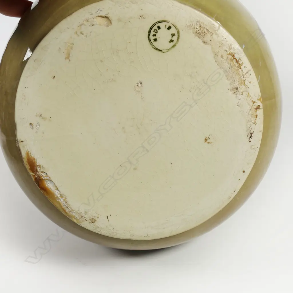 Crown Lynn Ambrico vase shape 29 - unusual green & brown glaze with early round backstamp pre-1948. H.160mm Image 1++