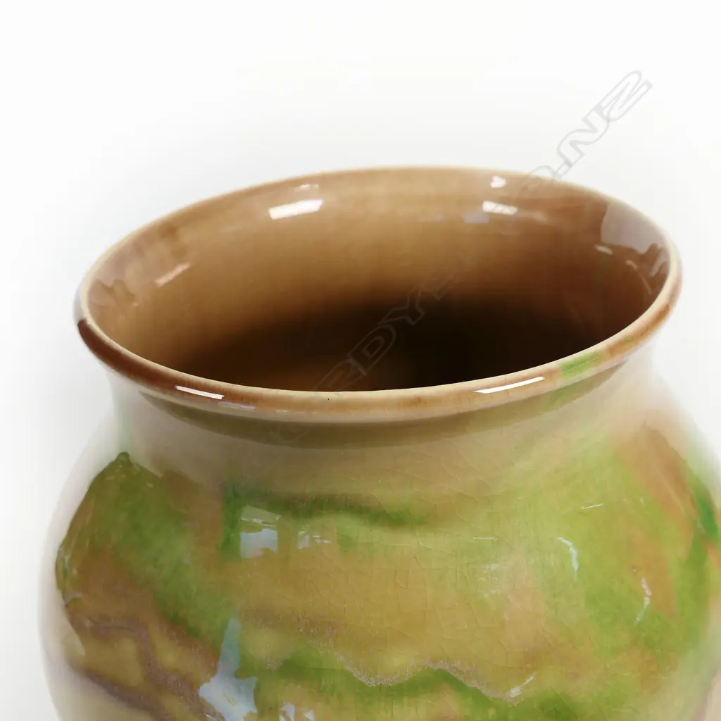 Crown Lynn Ambrico vase shape 29 - unusual green & brown glaze with early round backstamp pre-1948. H.160mm Image 1++